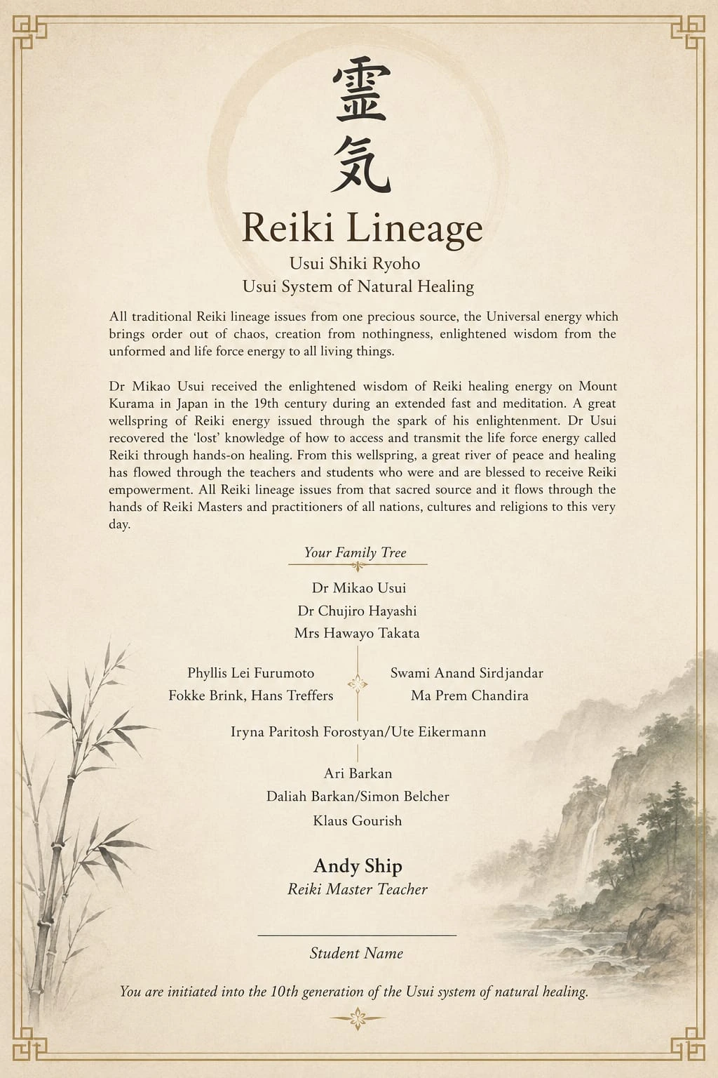 Andy's Reiki lineage certificate — Usui Shiki Ryoho, 10th generation